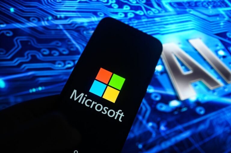 In this photo illustration,  a Microsoft logo is displayed